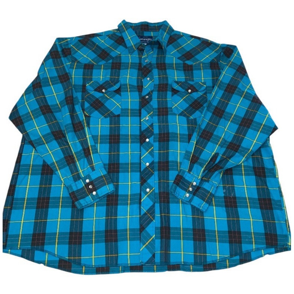 Wrangler Western Shirt Mens 2XL‎ Big Man Blue Pearl Snap Plaid Button Down VTG - Picture 2 of 9